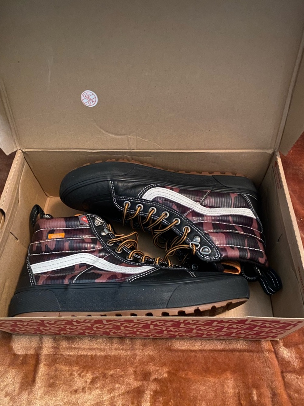 Vans High-Top Camouflage Sneakers in Black, Orange, White - Picture 10 of 11